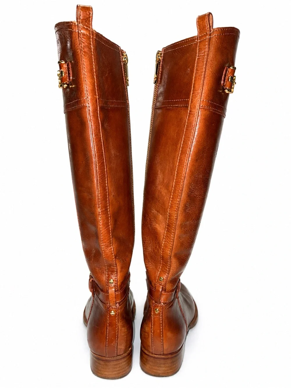 Tory Burch Nadine Brown Leather Knee High Riding Boots Gold Hardware 6.5M Zip On